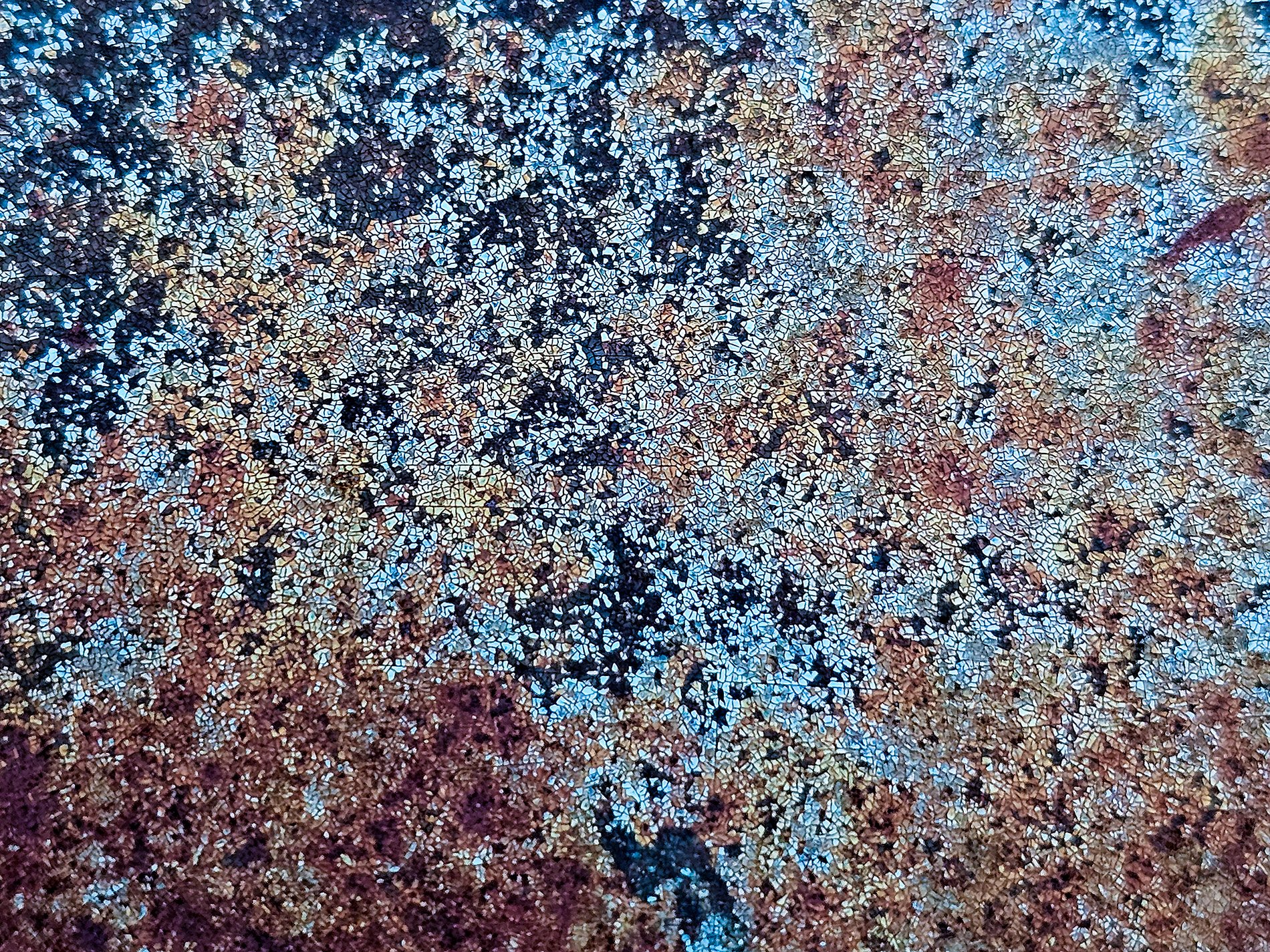 Blue cracks on the steel, orange rust blooms in the dark, time paints a mosaic