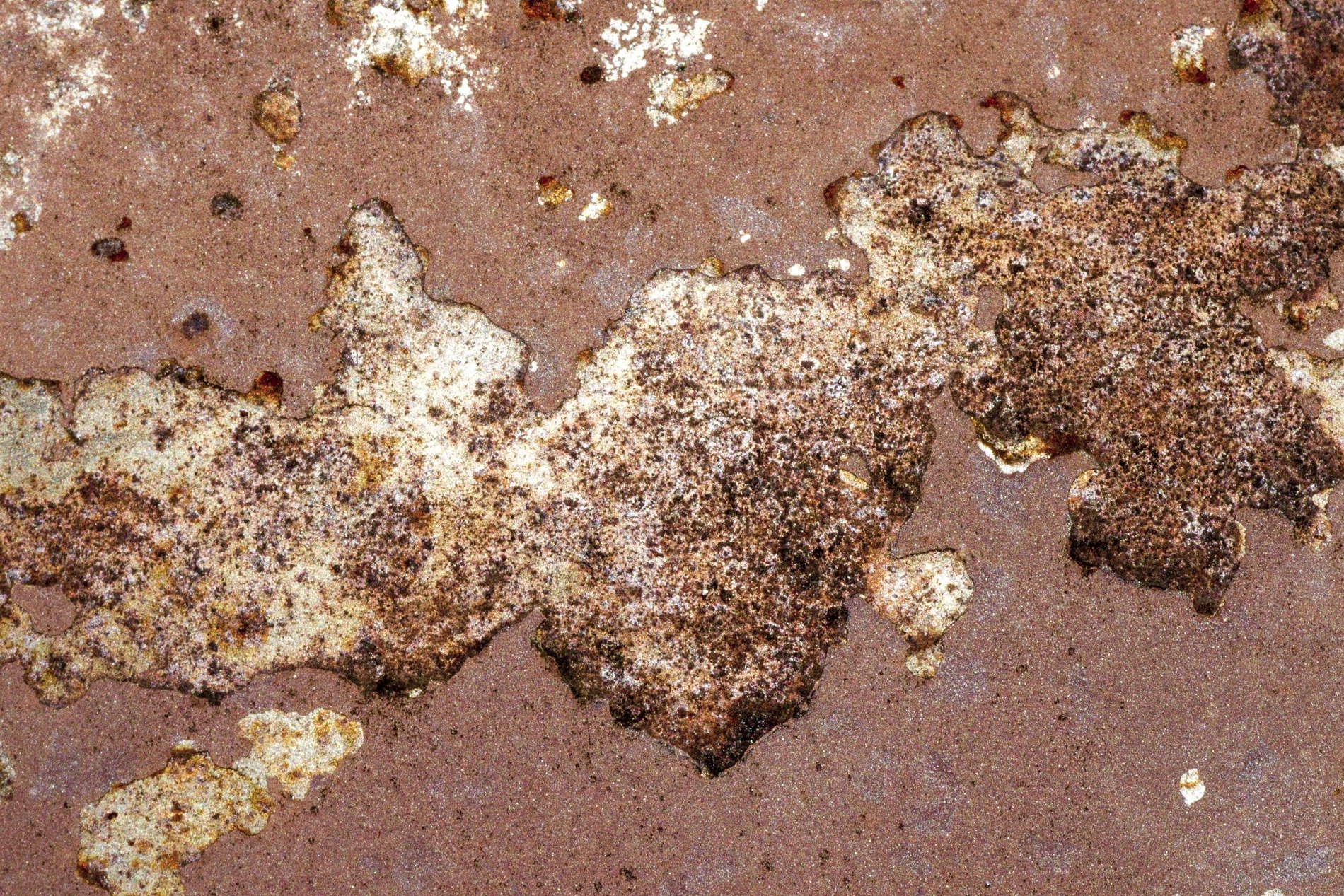 Blue fields meet the rust, orange veins bleed on the steel, grit holds the pattern