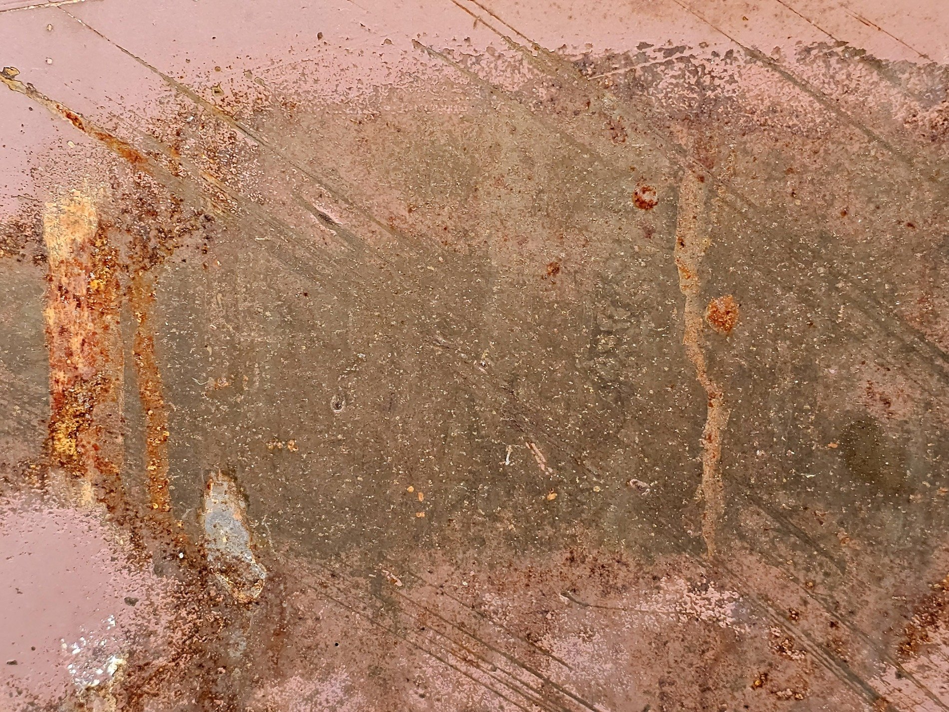 Pink paint fades away, orange iron blooms through steel, time eats at the hull