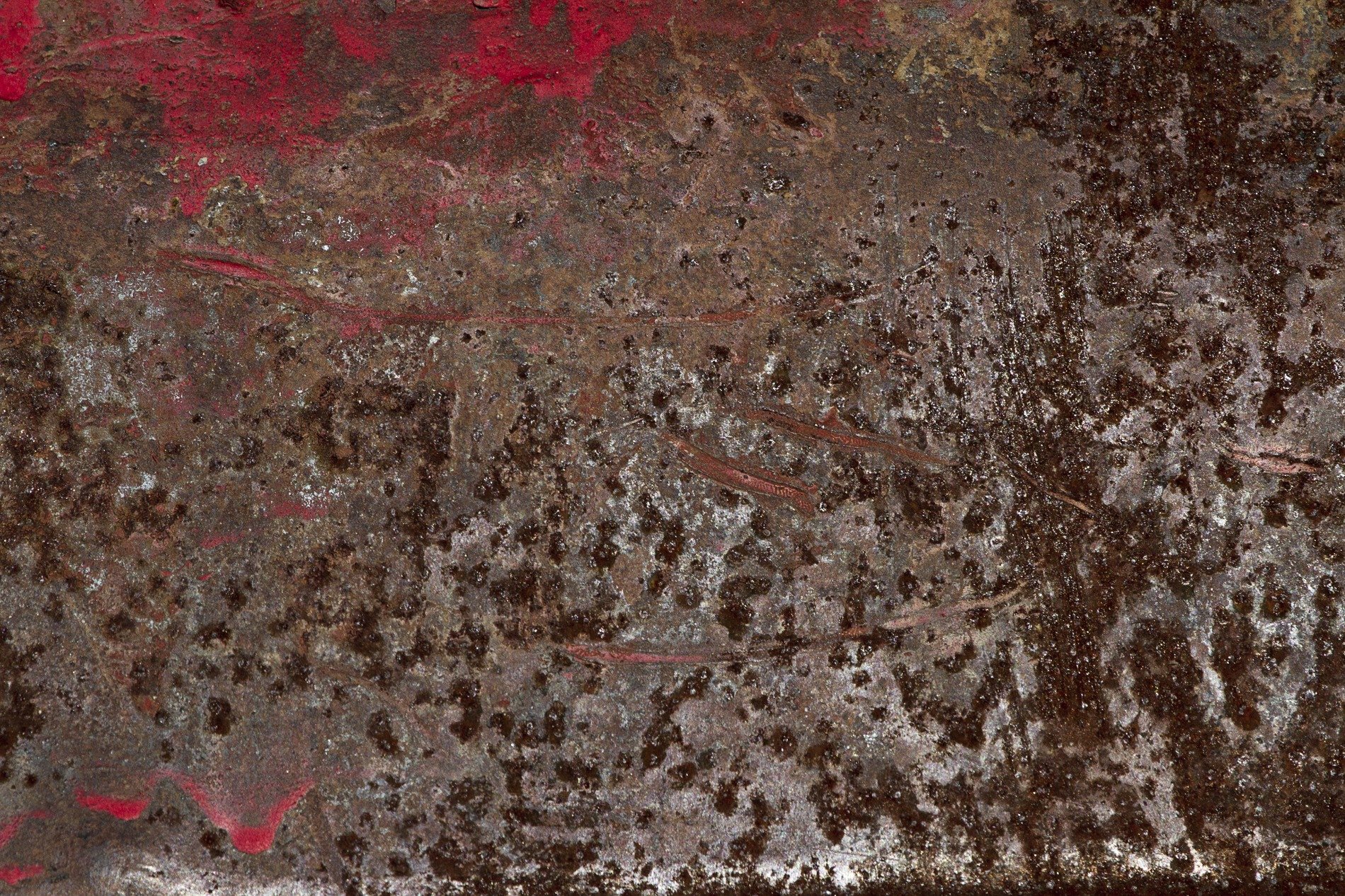 Brown rust eats the steel, orange veins bleed on the plate, time leaves a thick mark