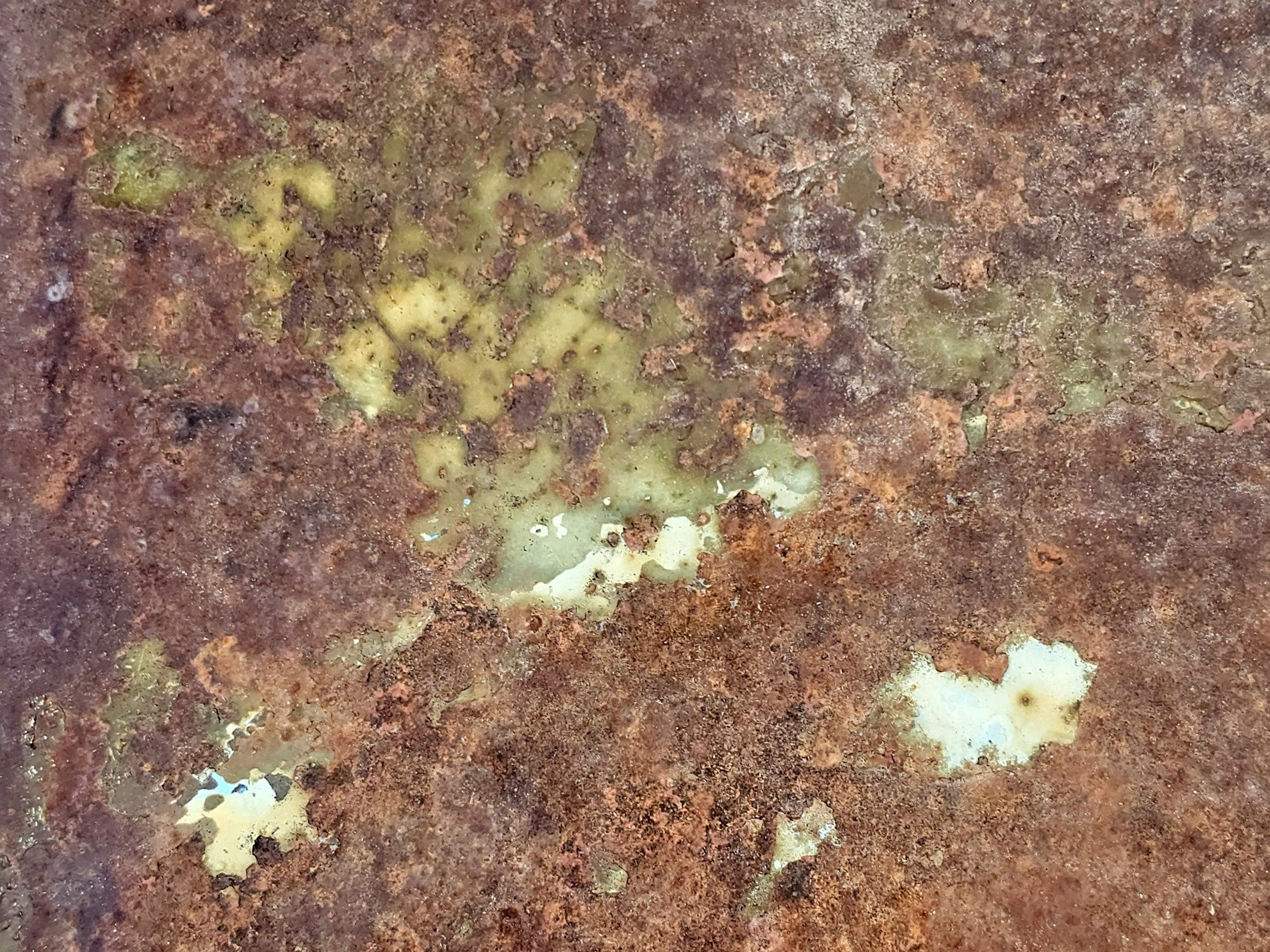 Deep rust eats the steel, pale green paint flakes from the skin, time leaves heavy marks