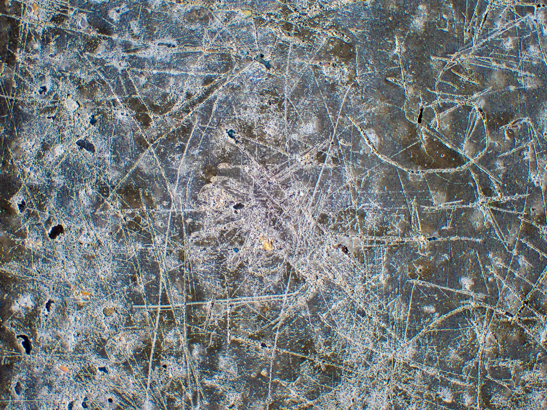 Scratched and worn concrete, white lines dance across the grey, time marks every inch