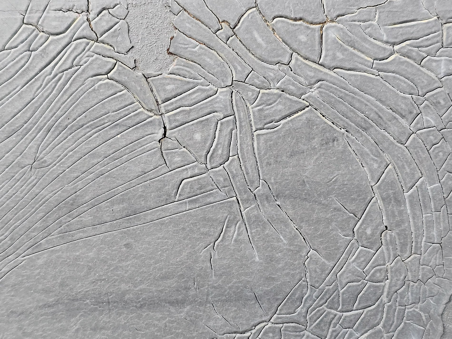 Grey skin starts to peel, deep lines map the heavy wear, paint breaks from the heat