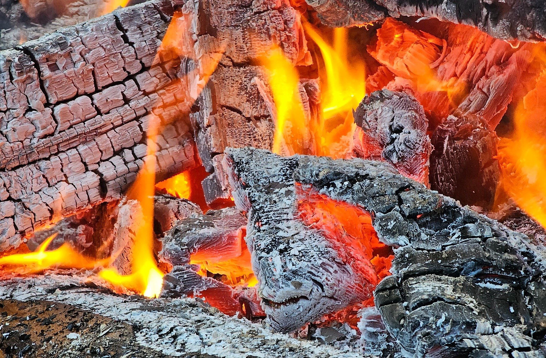 Glowing embers burn, charred logs hold the dancing flame, heat breathes through the wood