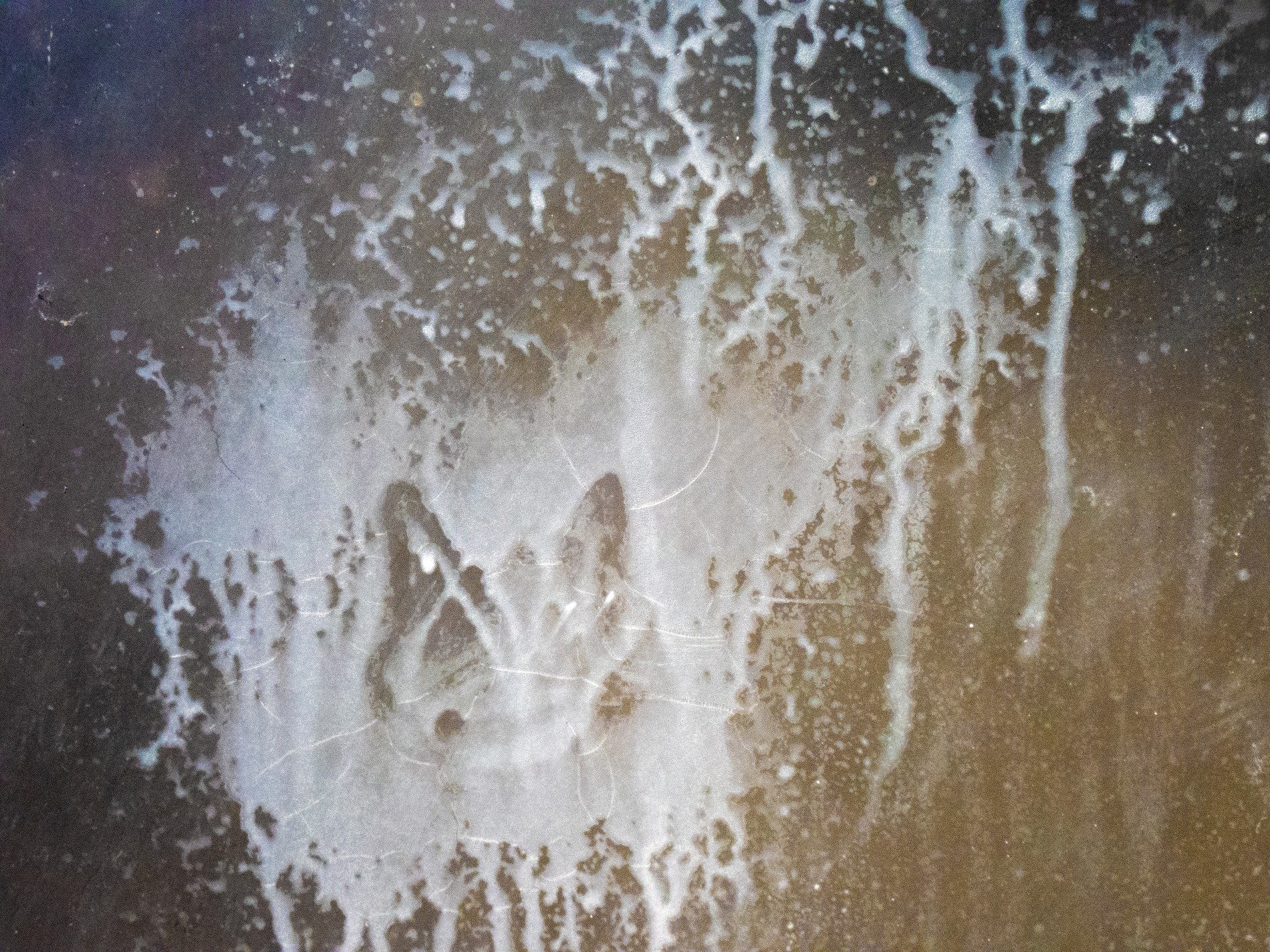 White streaks bleed and fade, grime clings to the frosted pane, ghosts in clouds of dust