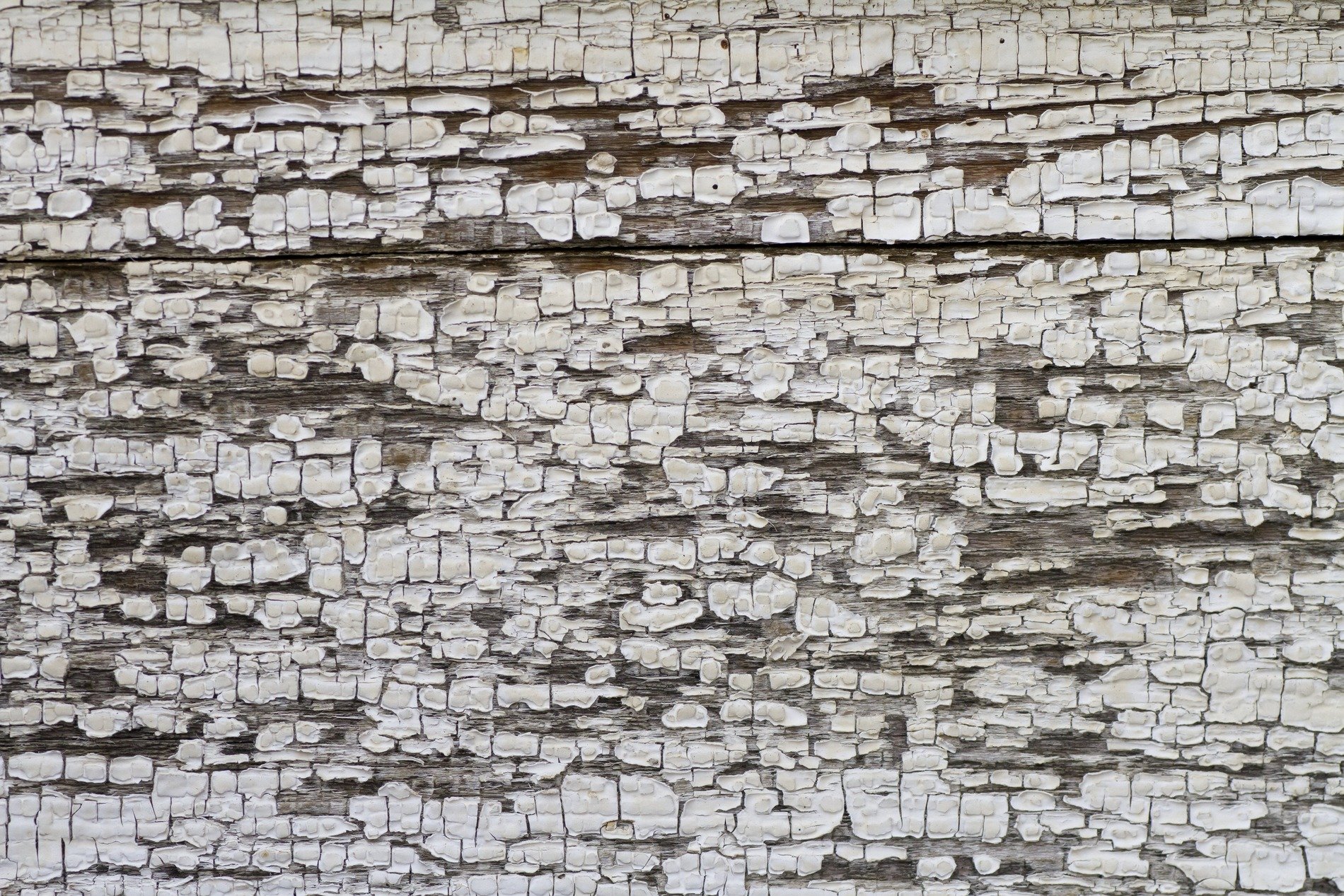 White paint curls and flakes, weathered wood hides underneath, years peel from the wall
