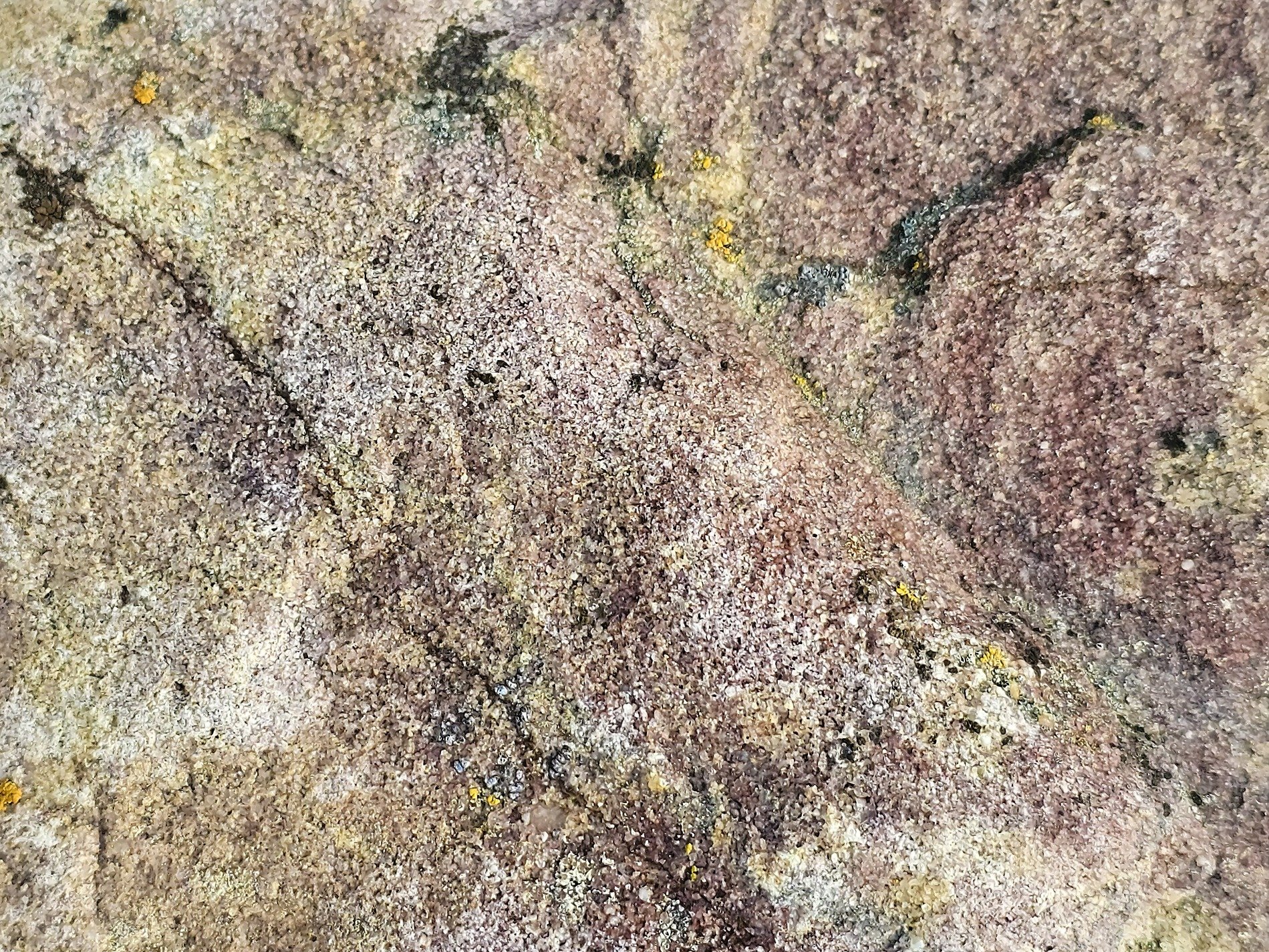 Pink sand in the stone, yellow lichen marks the grit, mineral flows deep