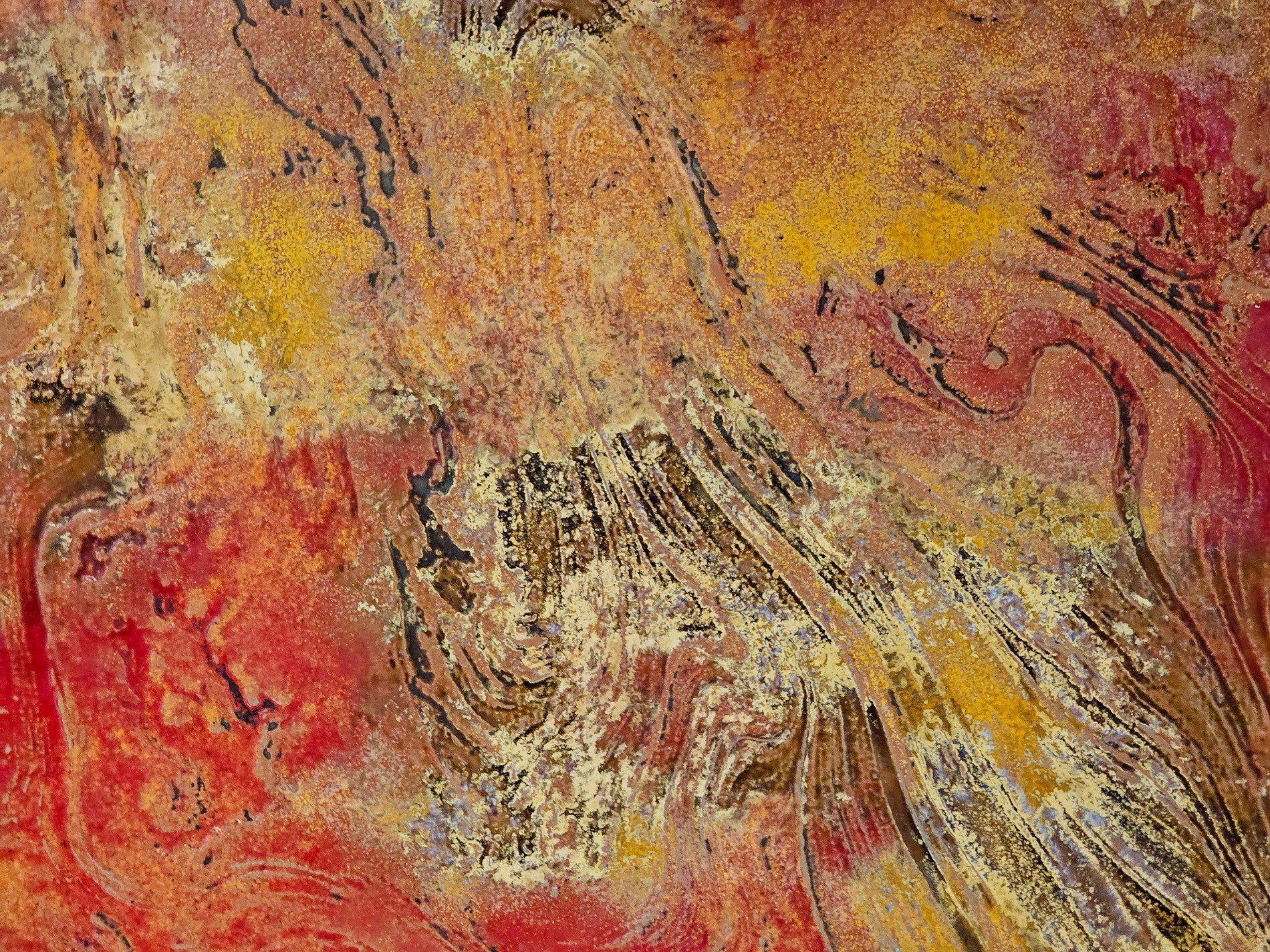 Red flows through the gold, layers of worn paint emerge, texture meets the eye