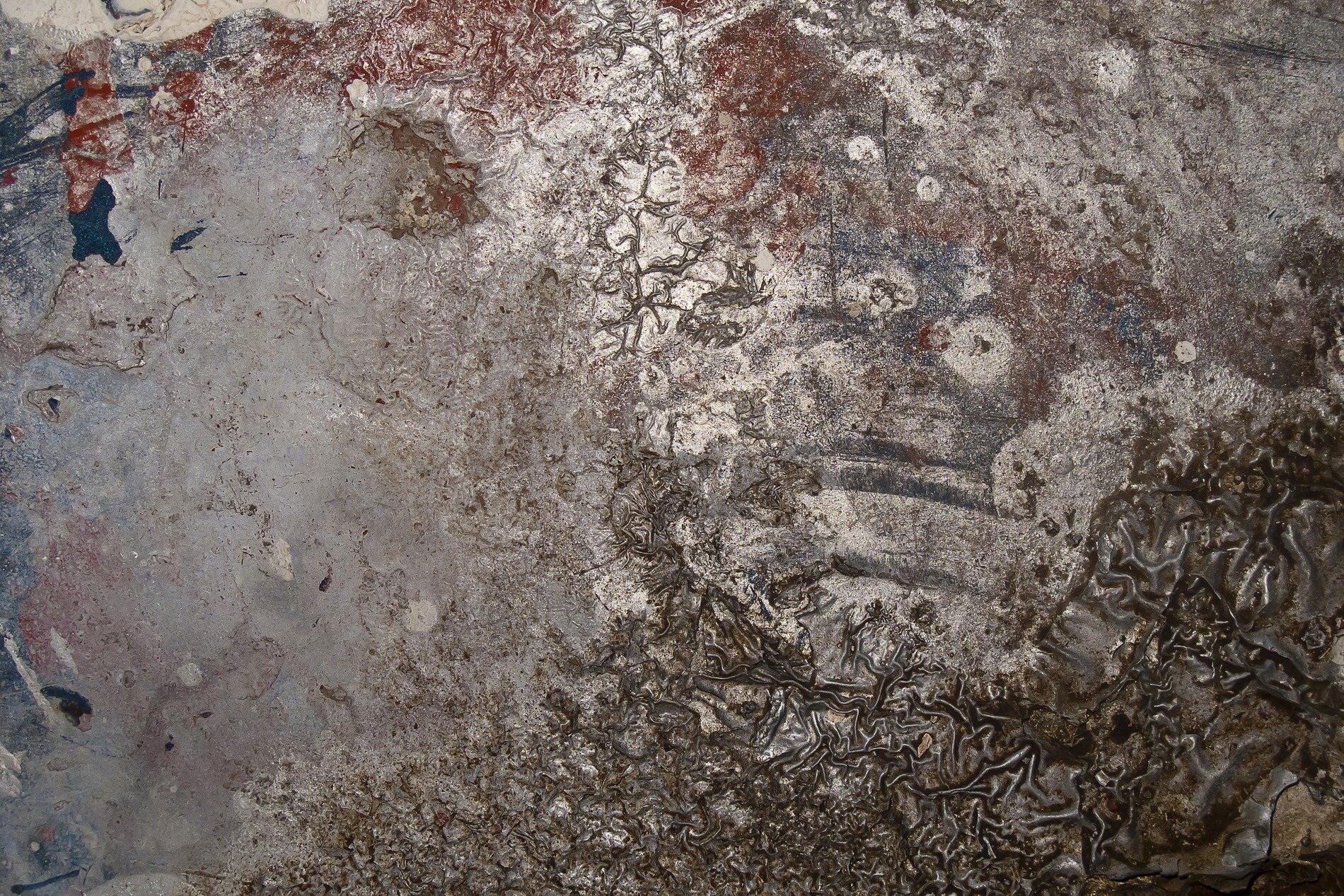 Silver paint decays, rust blooms through the metal skin, layers peel away