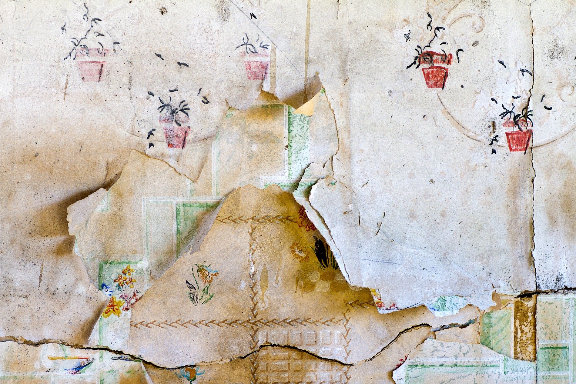 Rose buds meet the cream, faded stems trace the old wall, grit marks the finish