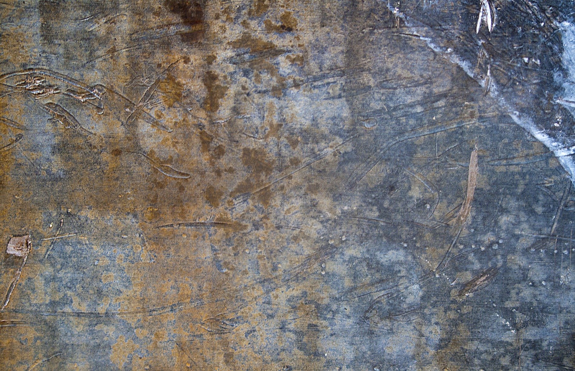 Silver skin has pits, grey marks trace the metal plate, grit holds the surface