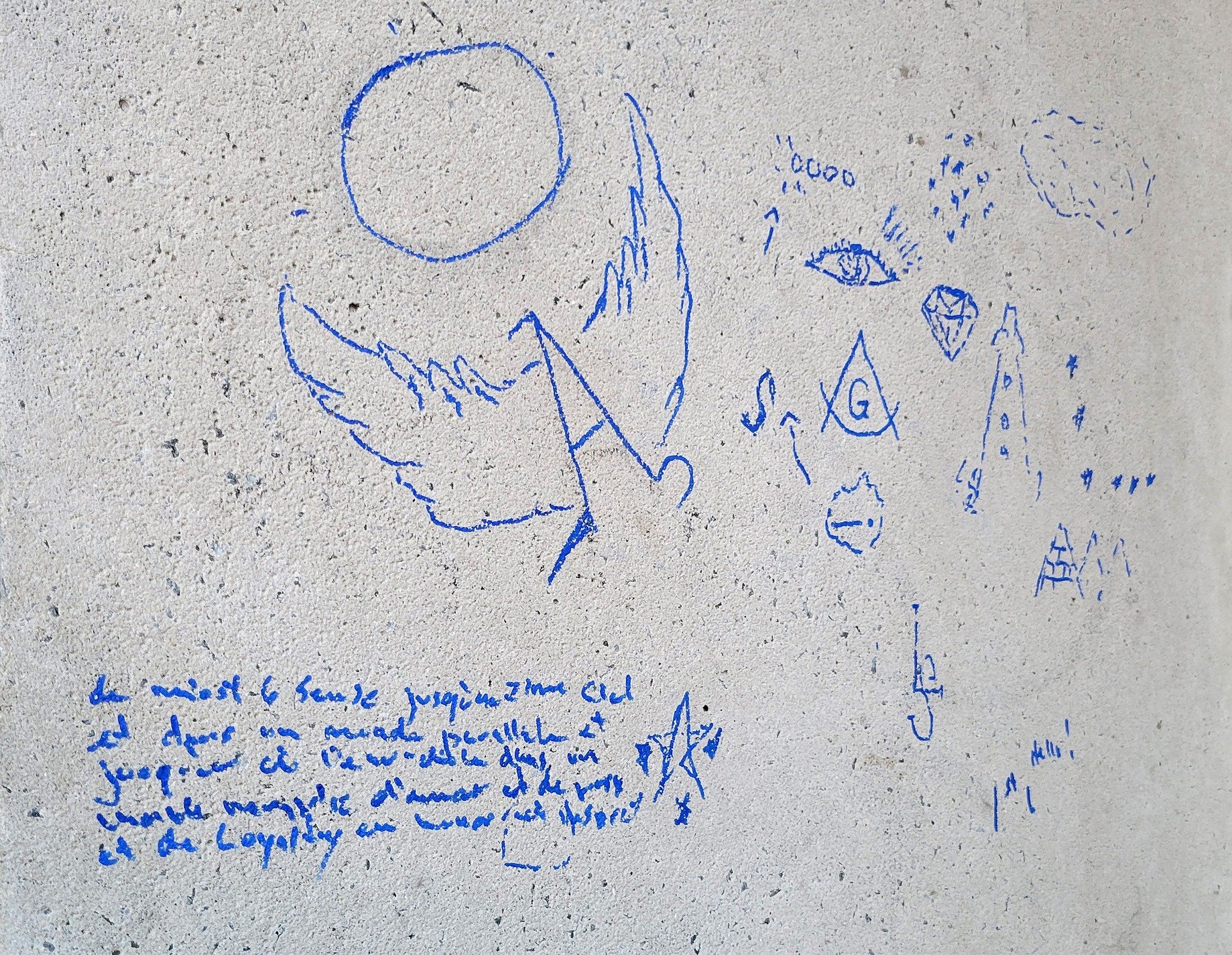 Blue ink marks the stone, winged figures drift in the sky, secrets etched in light