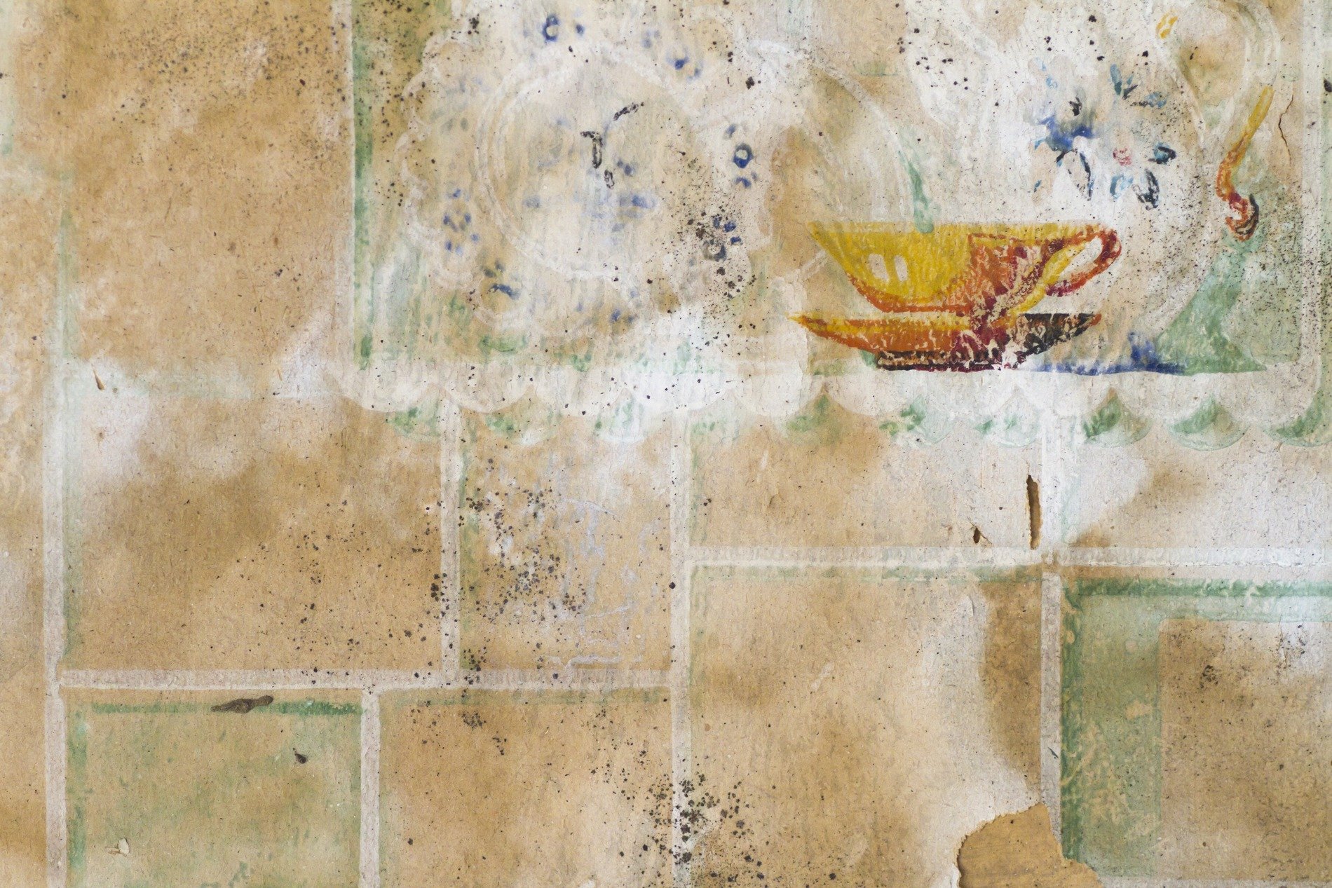 Tan lattice floral paper, vintage weathered skin, interior pattern holds the age