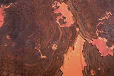 Blue automotive paint curls, orange rust takes the steel body, grit marks the decay