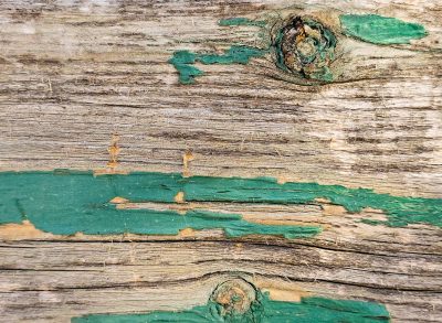 Green paint flakes away, knots stare from the weathered grain, old wood holds its past