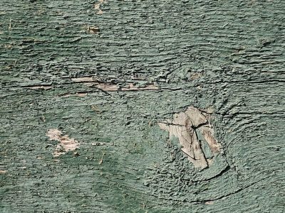 Green paint curls and flakes, weathered grain hides in the depths, scarred knots hold the past