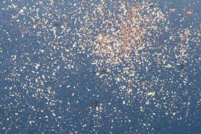 Blue paint flakes away, ivory dust coats the frame, iron turns to rust