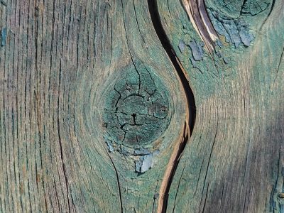 Teal paint fades away, cracked wood knot stares like an eye, deep grains split the plank