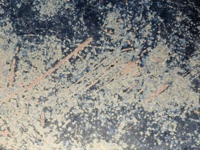 Dark fields meet the light, jagged spots scatter on top, grit holds the pattern