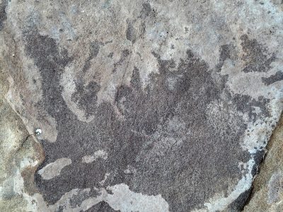 Dark pits mark the skin, jagged shadows trace the depth, weather wears the face