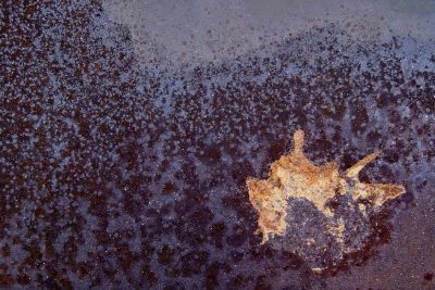 Purple metal skin, orange rust bloom breaks the dark, grit meets the shadow