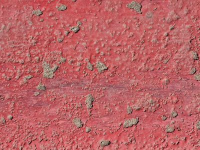 Red paint on eroded curb, rough concrete pits meet the road, grit marks the finish