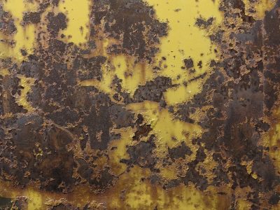 Rust blooms on the blue, jagged edges on the steel, earth takes back the light