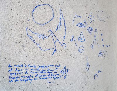 Blue ink marks the stone, winged figures drift in the sky, secrets etched in light