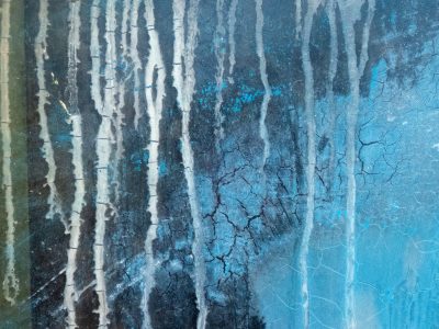 Streaks of pale descend, blue paint starts to crack and fade, shadows claim the frame