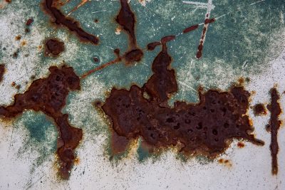 Teal skin meets the rust, jagged islands on the steel, decay takes the light