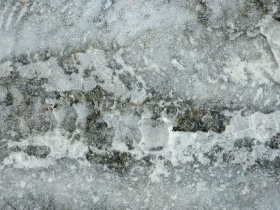 White frost on the grey, ice webs trace the heavy grit, winter holds the ground