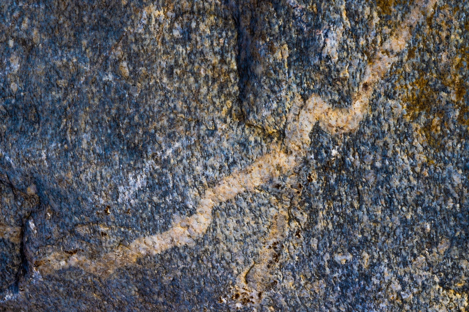 White veins cut the blue, jagged paths trace the field, light catches the mineral