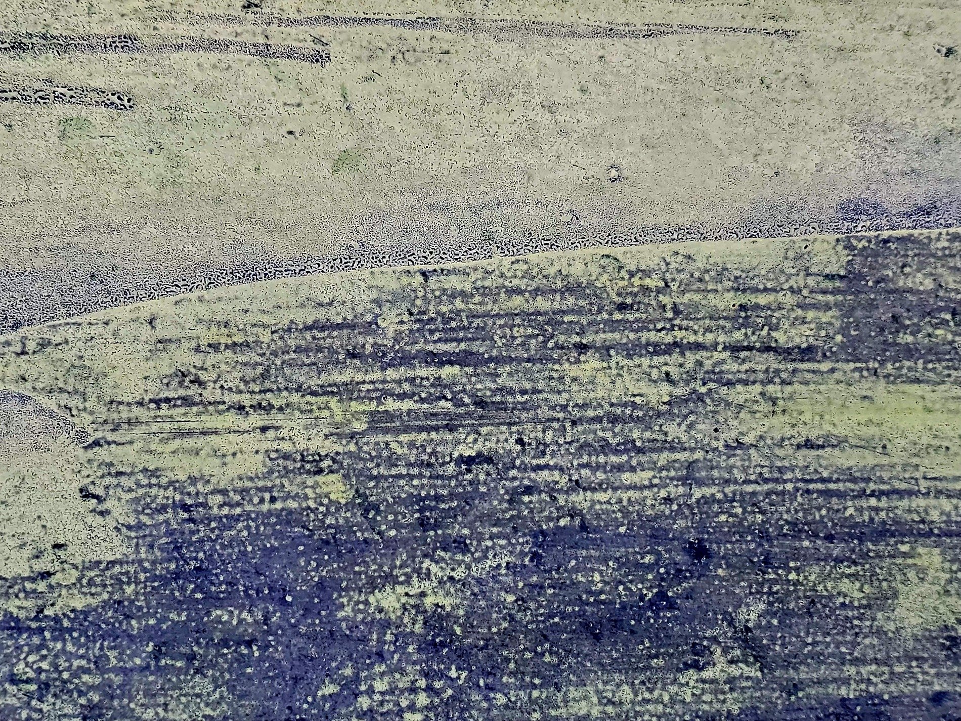 Yellow paint is worn, purple streaks mark the surface, grit meets the pale green