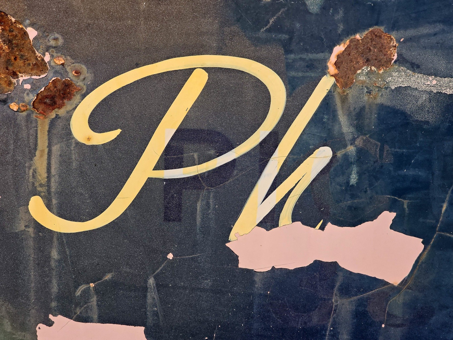 Yellow paint sweeps round, rust breaks through the faded blue, pink peels from the steel