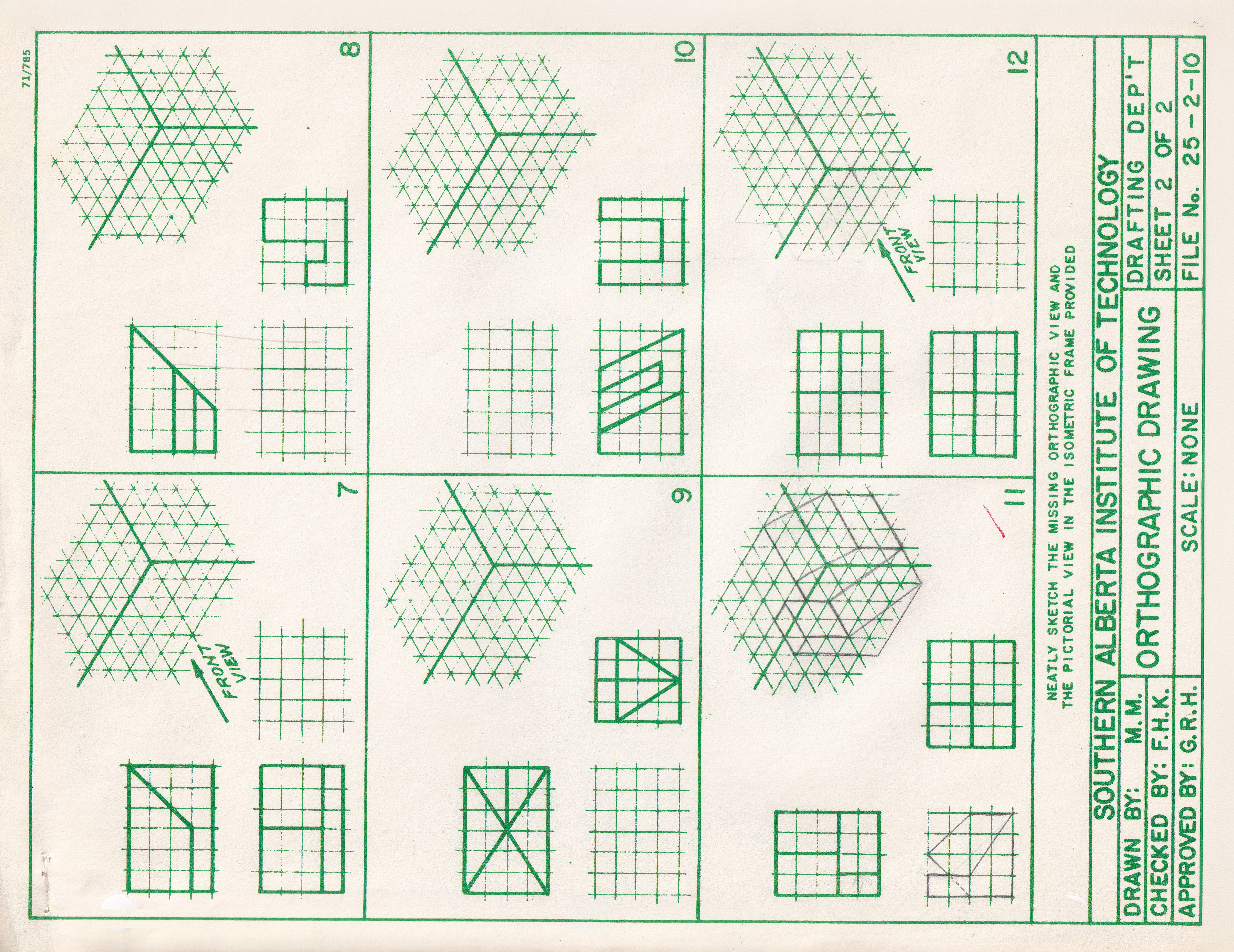Green grids cross the page, isometric shapes find their form, drafting lessons remain