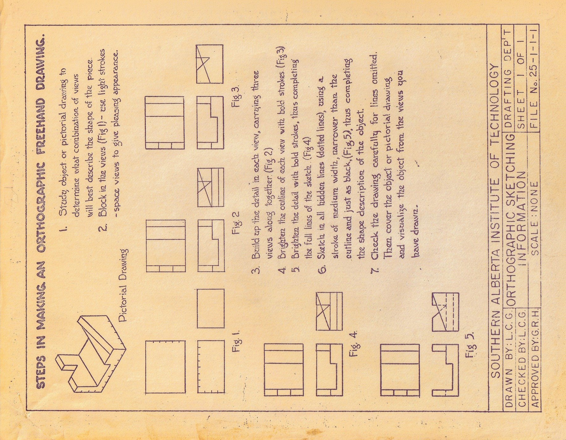 Aged paper instructions, orthographic lines define form, drafting lessons fade