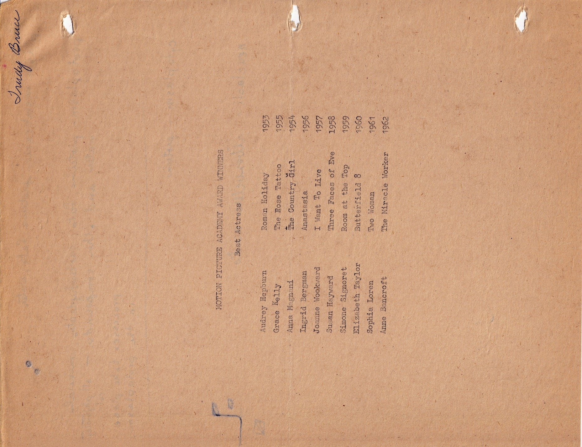 Aged paper of brown, best actress winners in print, names fade on the page