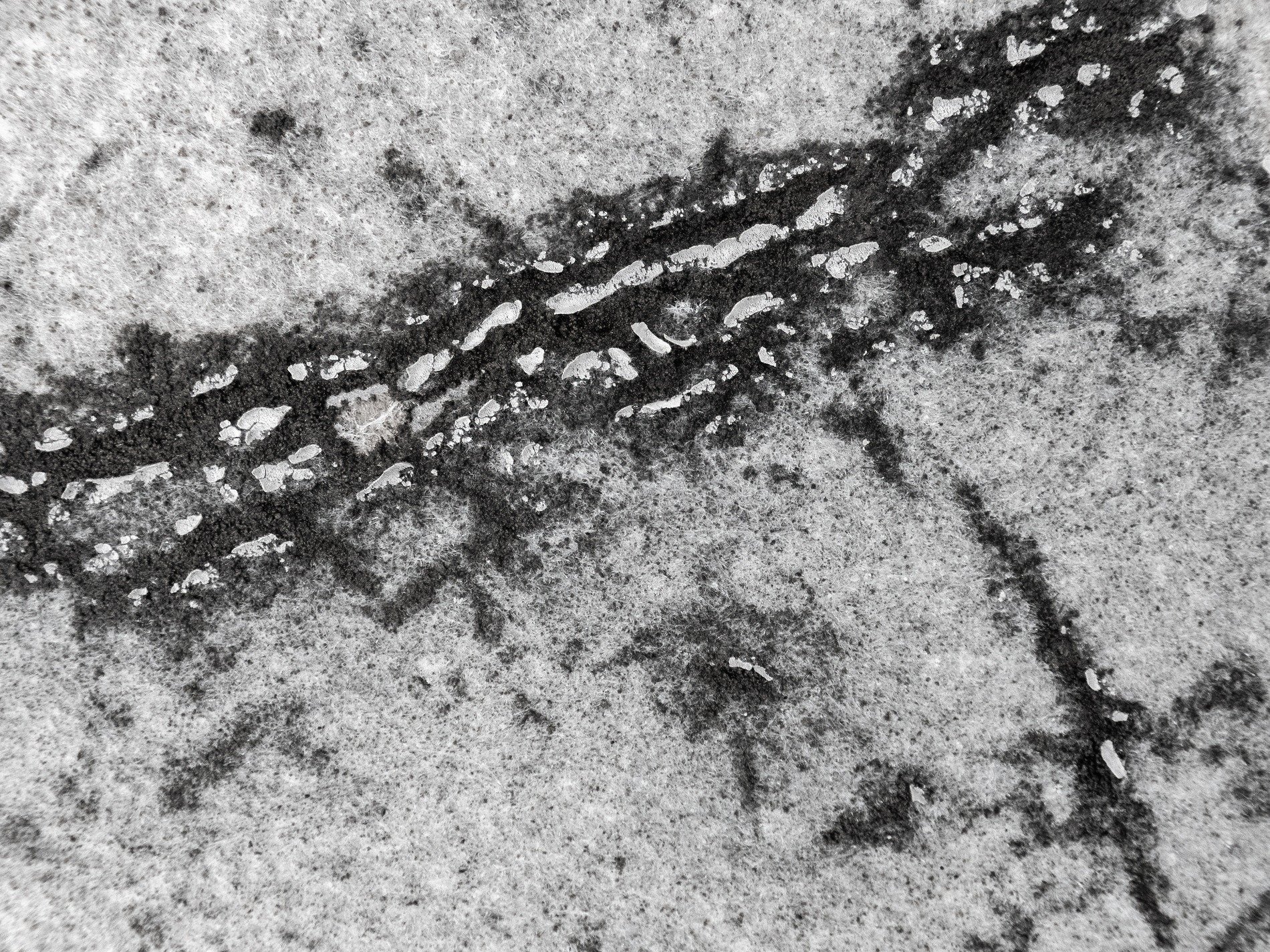 Black paths meet the grey, vertical streaks trace the field, light carves the surface