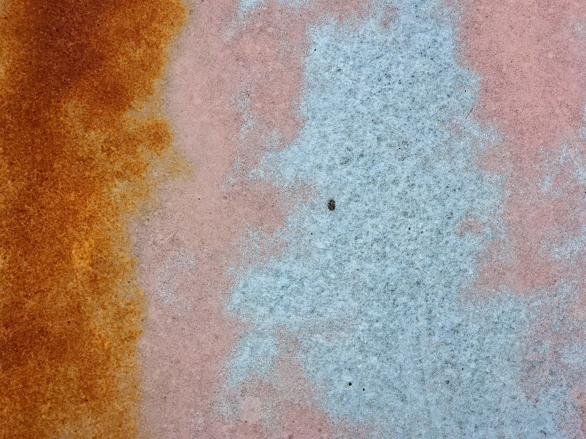 Rust blooms on the left, faded pink wears thin and old, blue paint drifts like frost