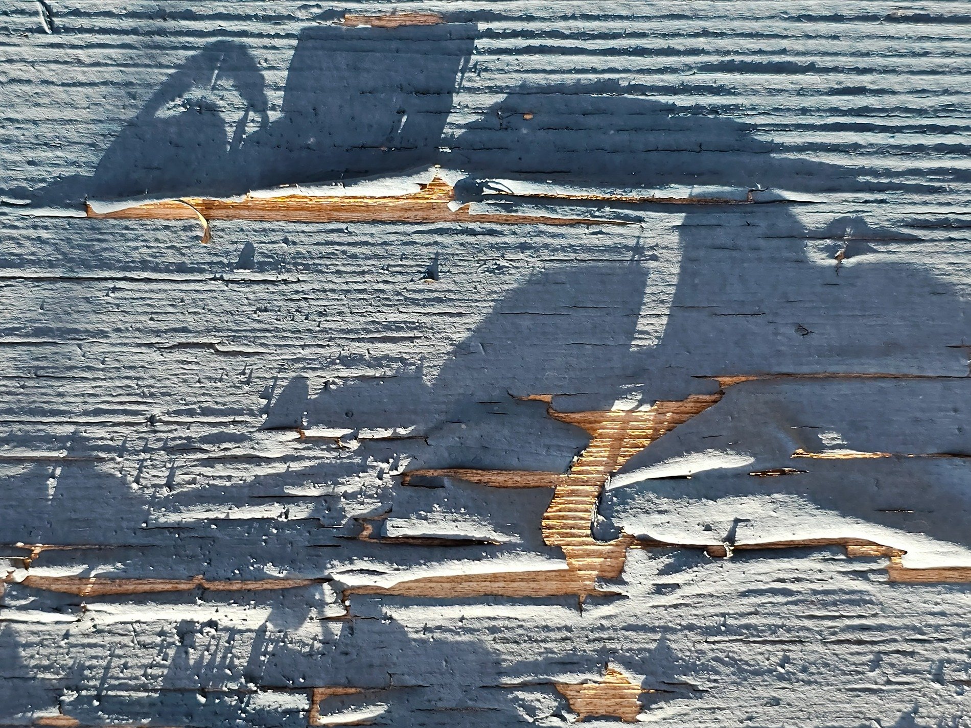 Blue paint peels away, golden wood reveals its grain, shadows stretch across