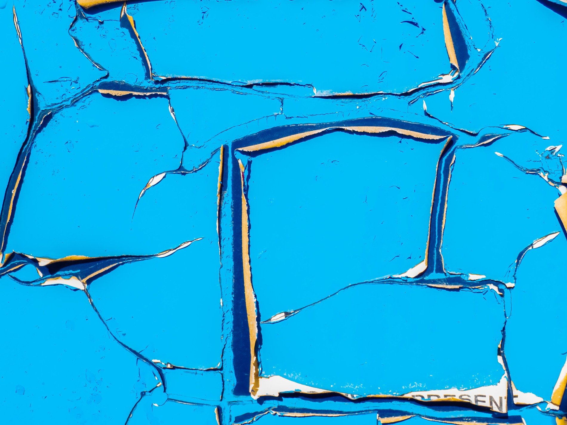 Blue skin curls away, hidden letters start to show, paint flakes in the sun