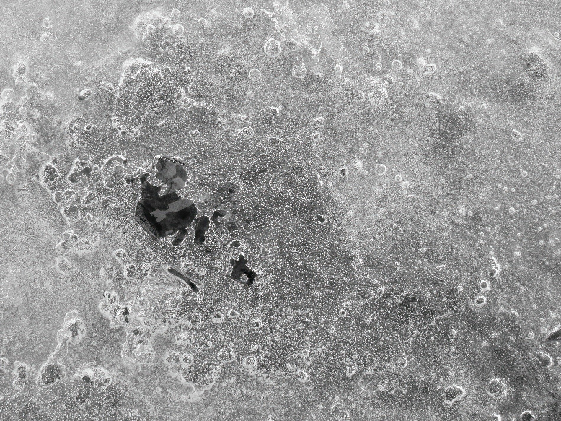 Bubbles trapped in ice, silver breath in frozen light, winter stills the flow