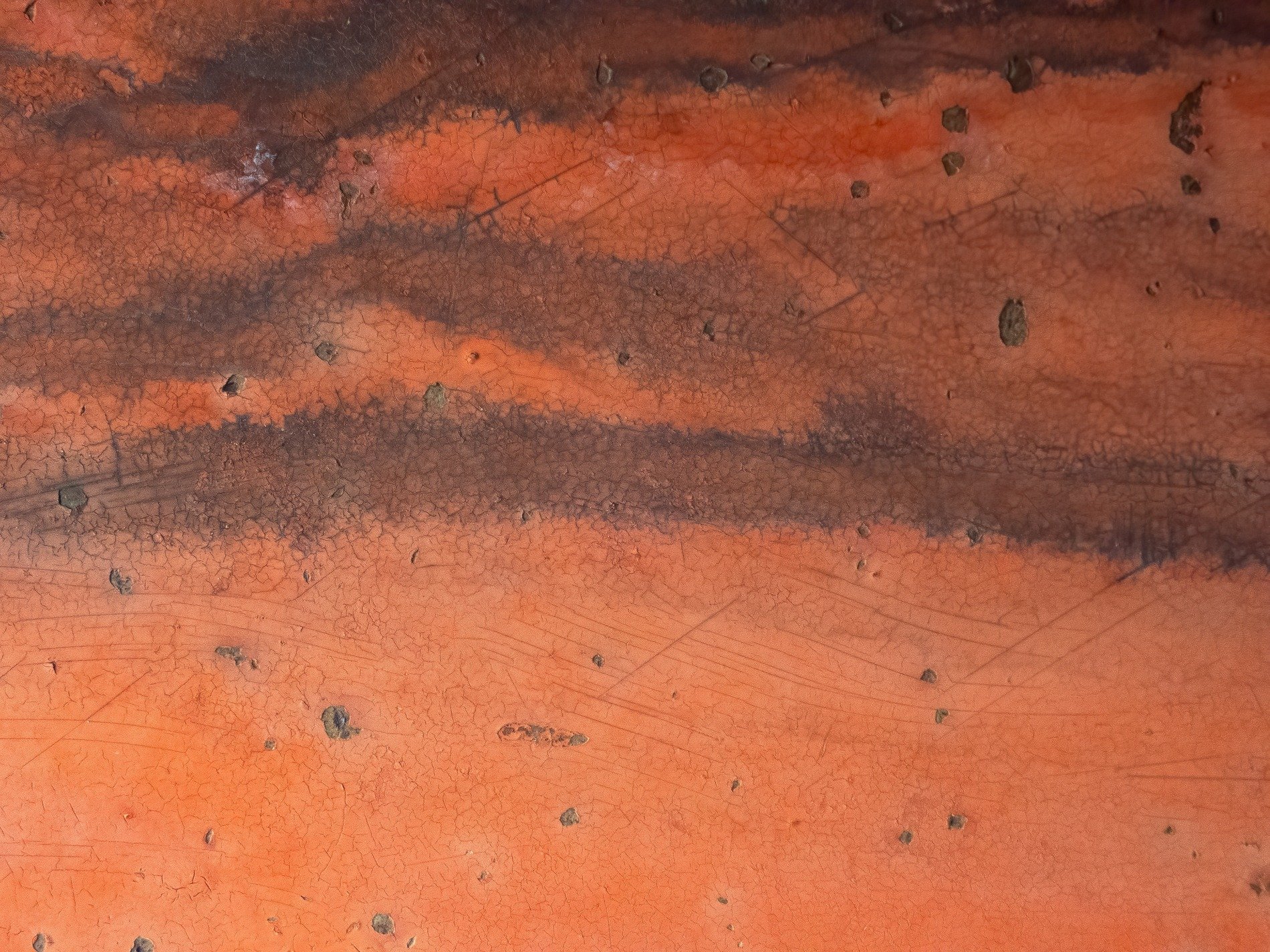 Burnt orange decays, dark streaks mar the weathered skin, fine cracks web the paint