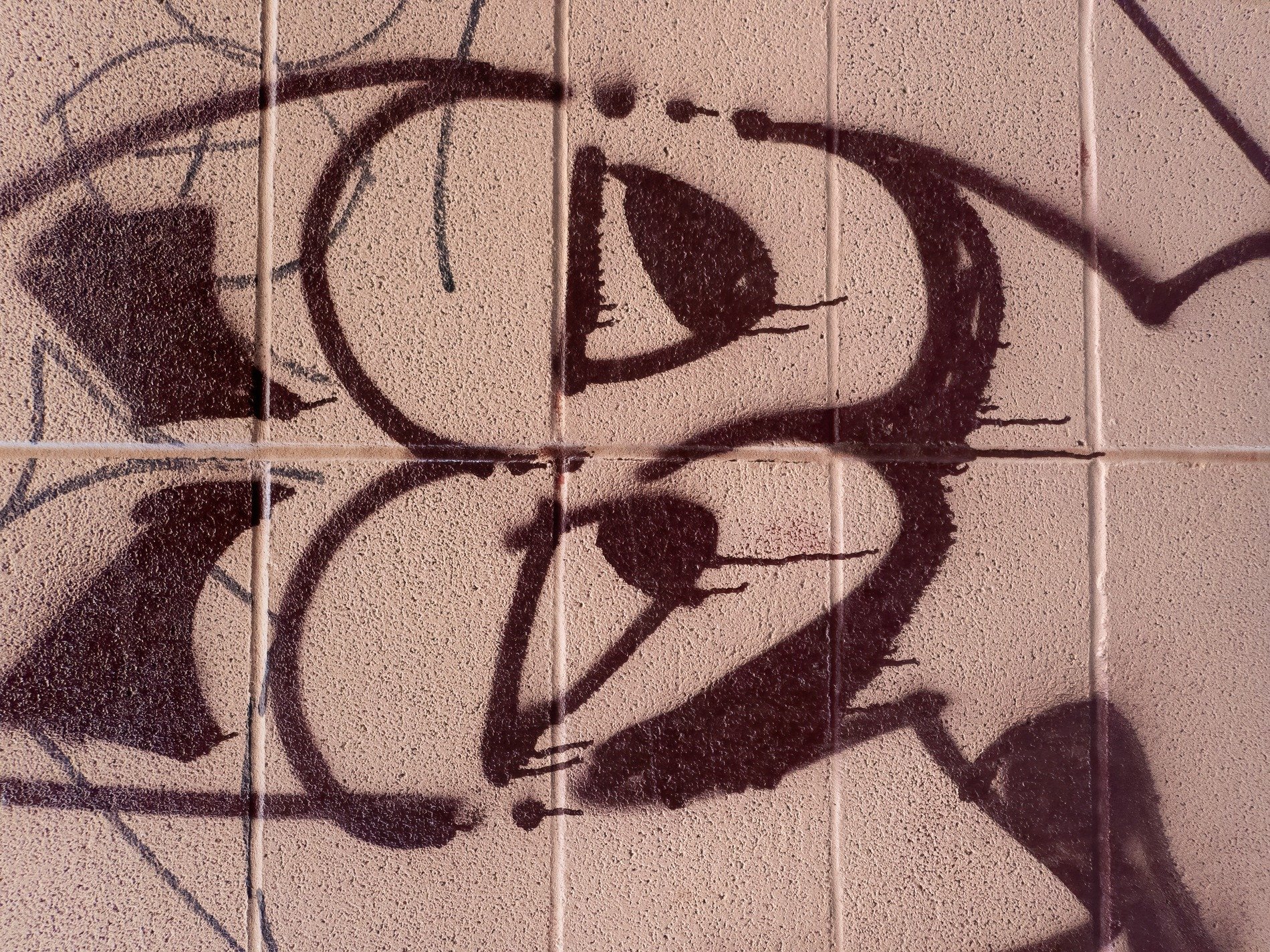 Dark lines sweep the wall, painted curves on dusty tile, shadows of the street