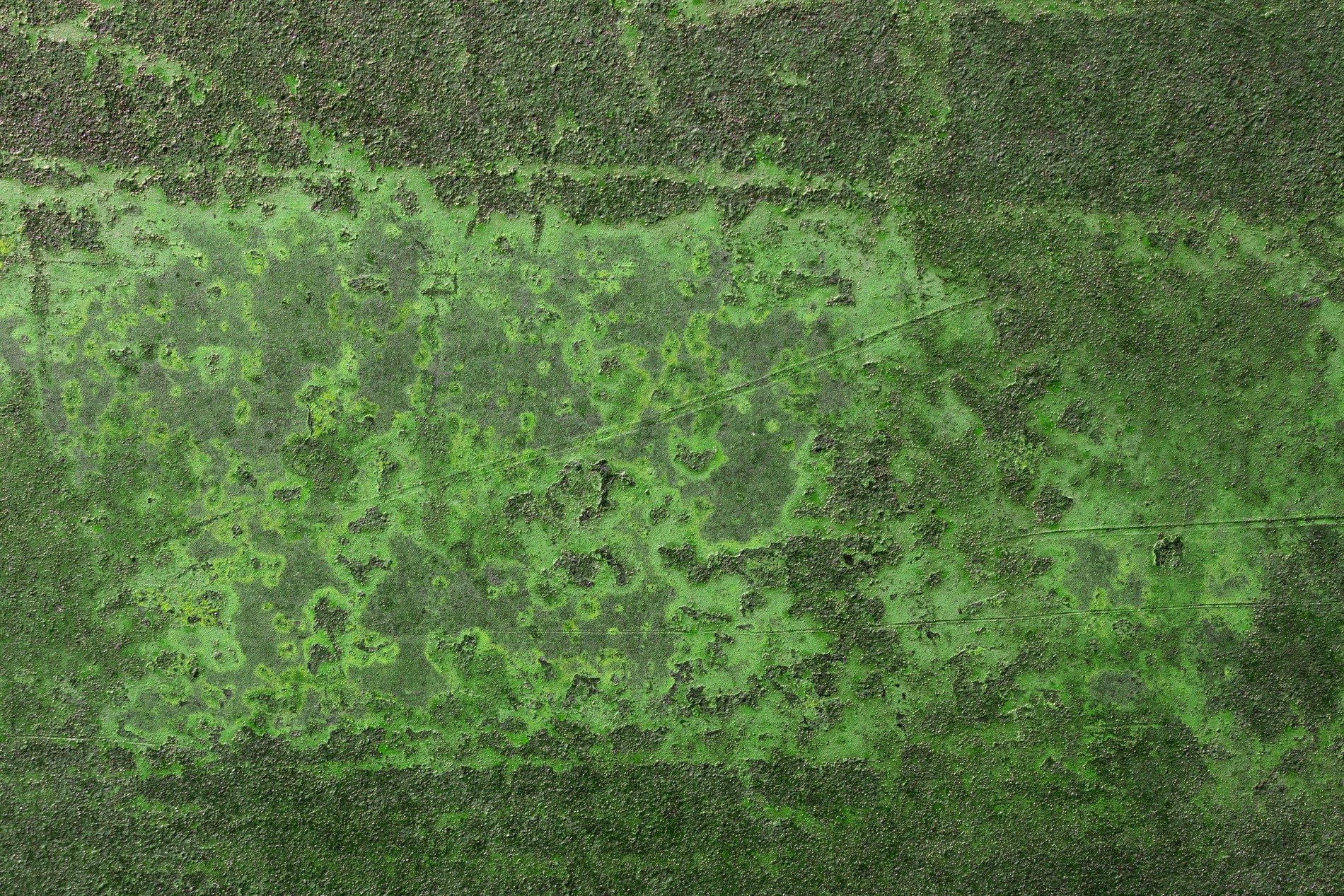 Green mist holds the heavy, mottled patterns trace the field, light carves the metal