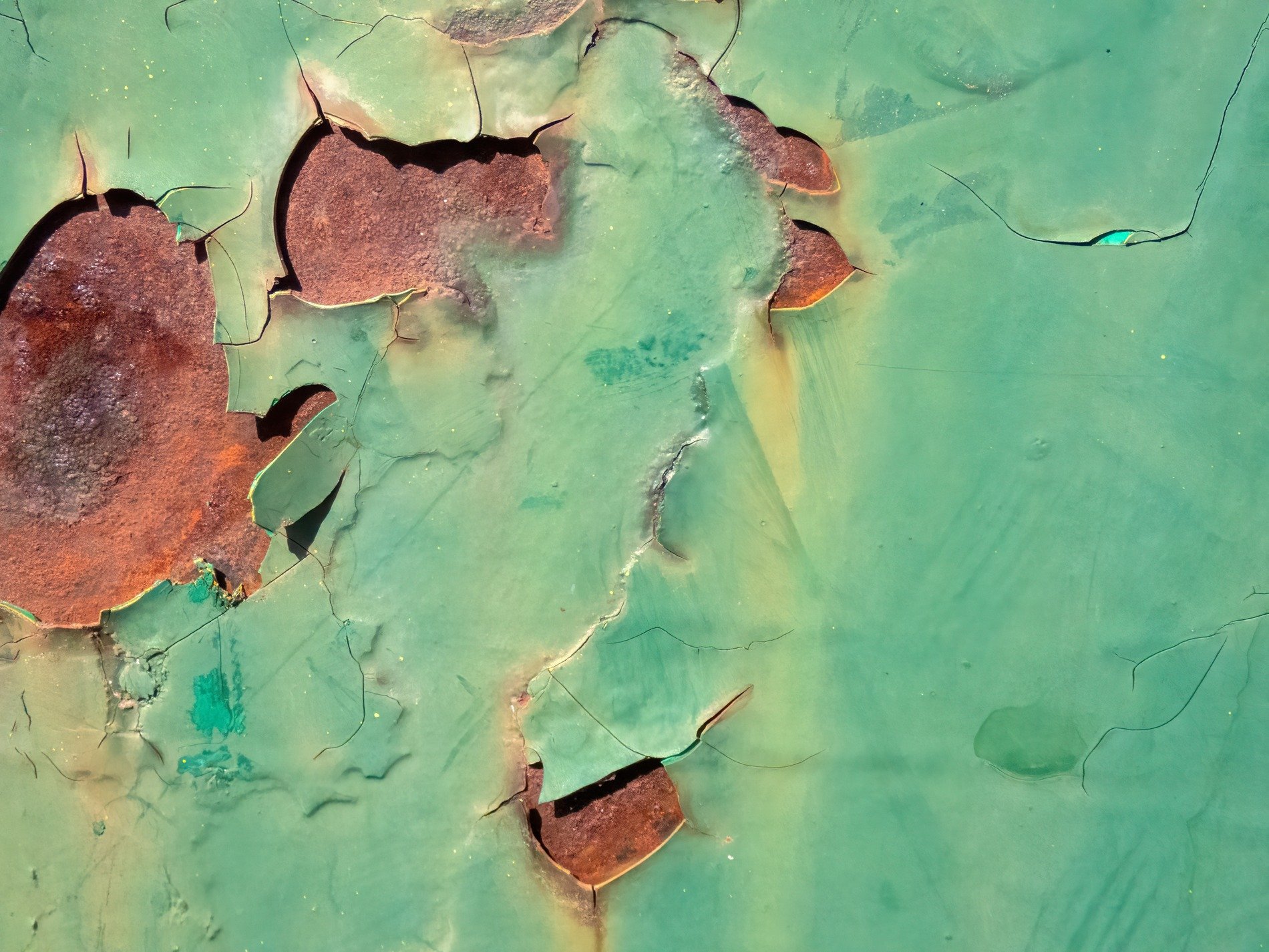Green paint curls away, iron rust bleeds from within, time peels back the skin