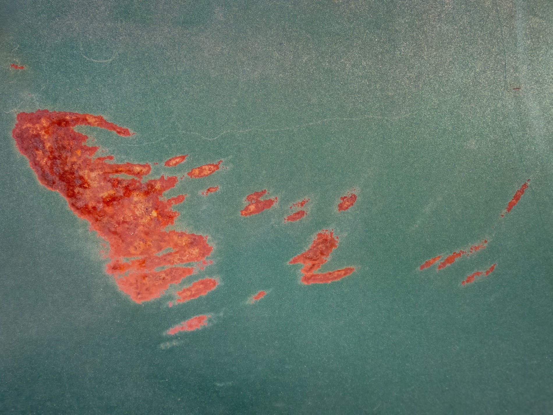 Green skin holds the red, jagged spots bloom on top, time marks the surface