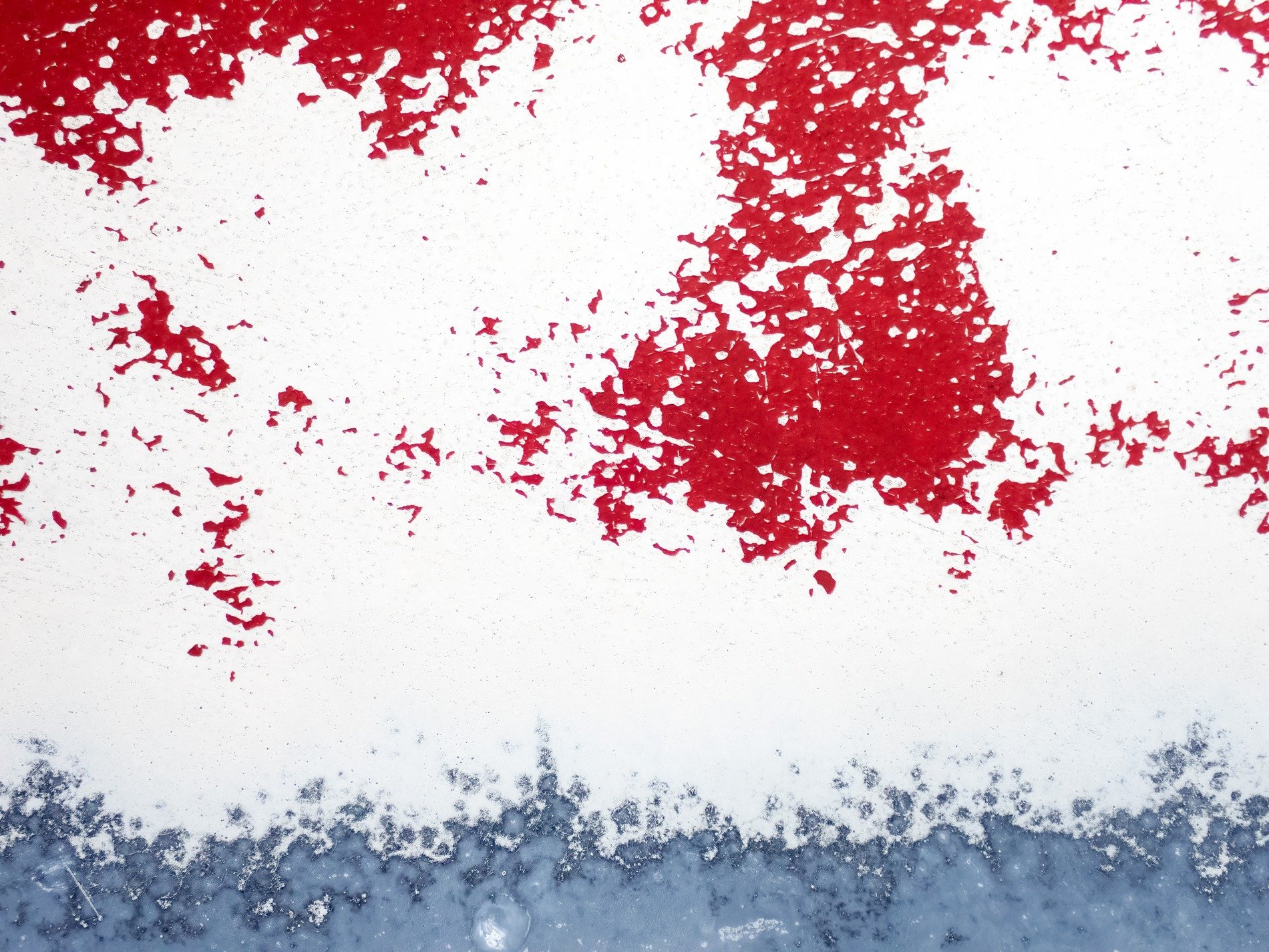 Red flakes drift away, white expanse meets frosted blue, time wears down the skin