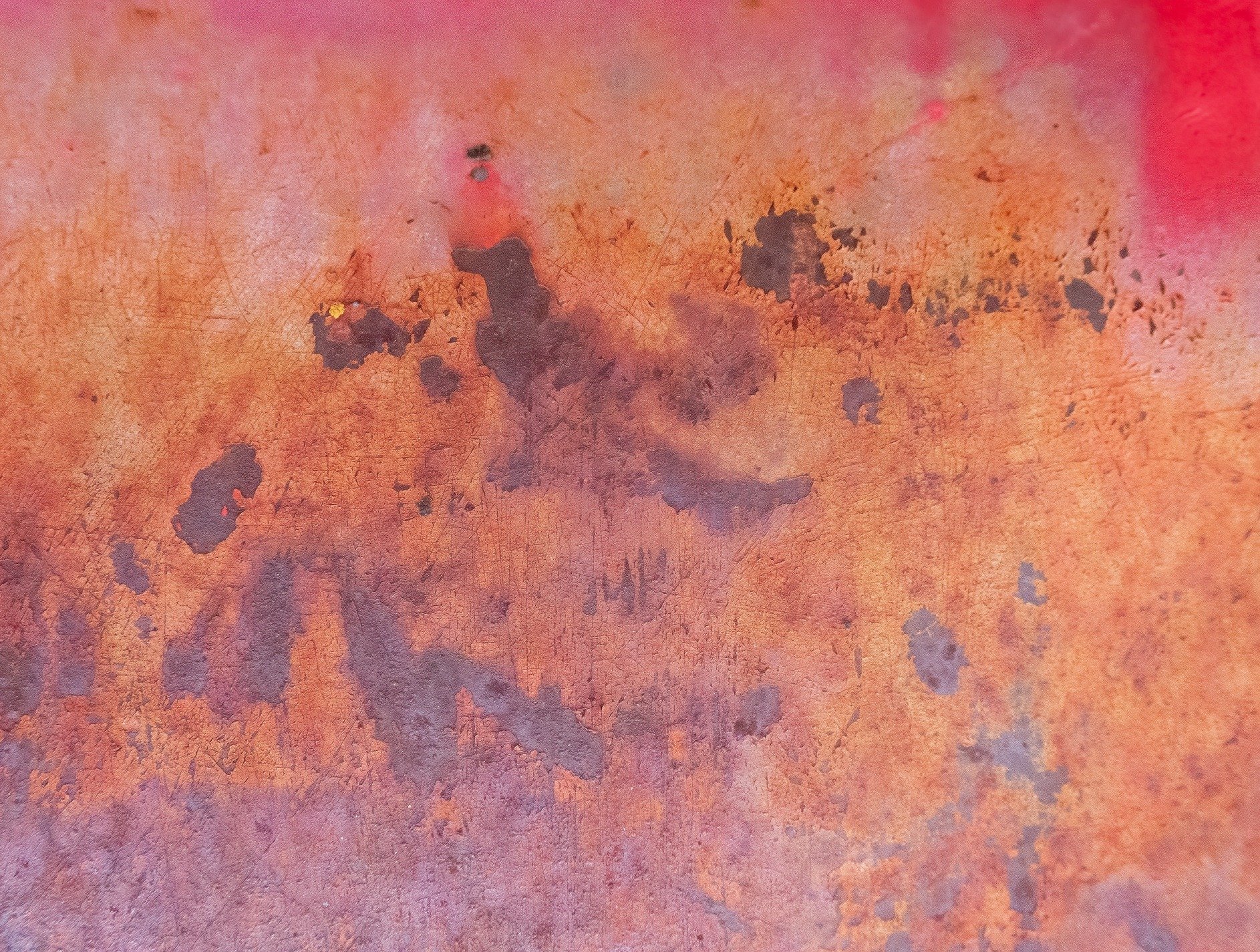 Orange oxide blooms, dark patterns eat the surface, steel turns back to earth