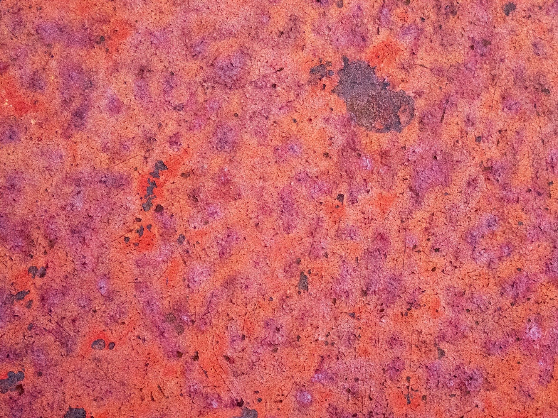 Orange oxide blooms, purple shadows stain the plate, iron yields to air